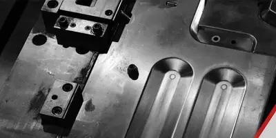 Close-up of a precision progressive die built in-house at Evans